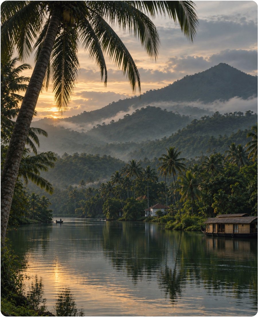 Kerala backwaters at sunrise with palm trees and a houseboat