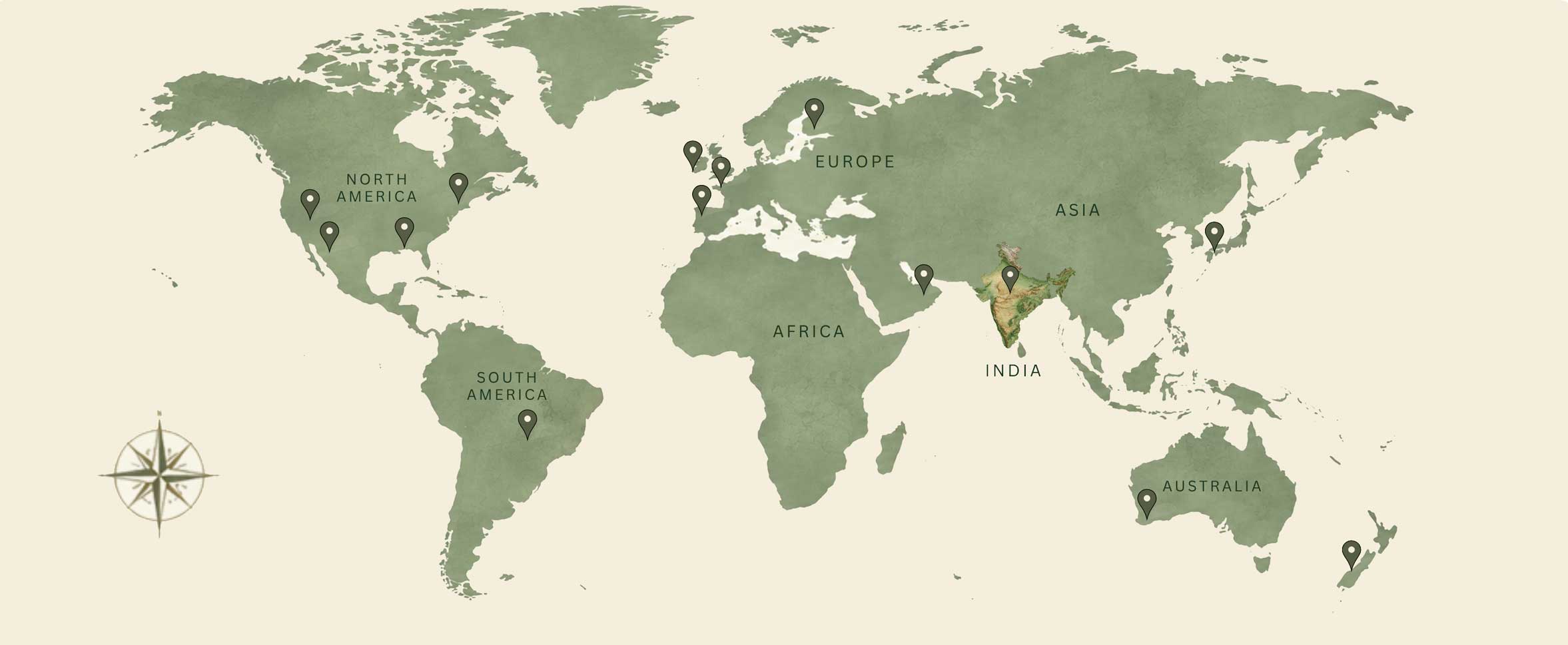 World map showing Asmi International's presence across North America, Europe, Africa, India, Asia and Australia